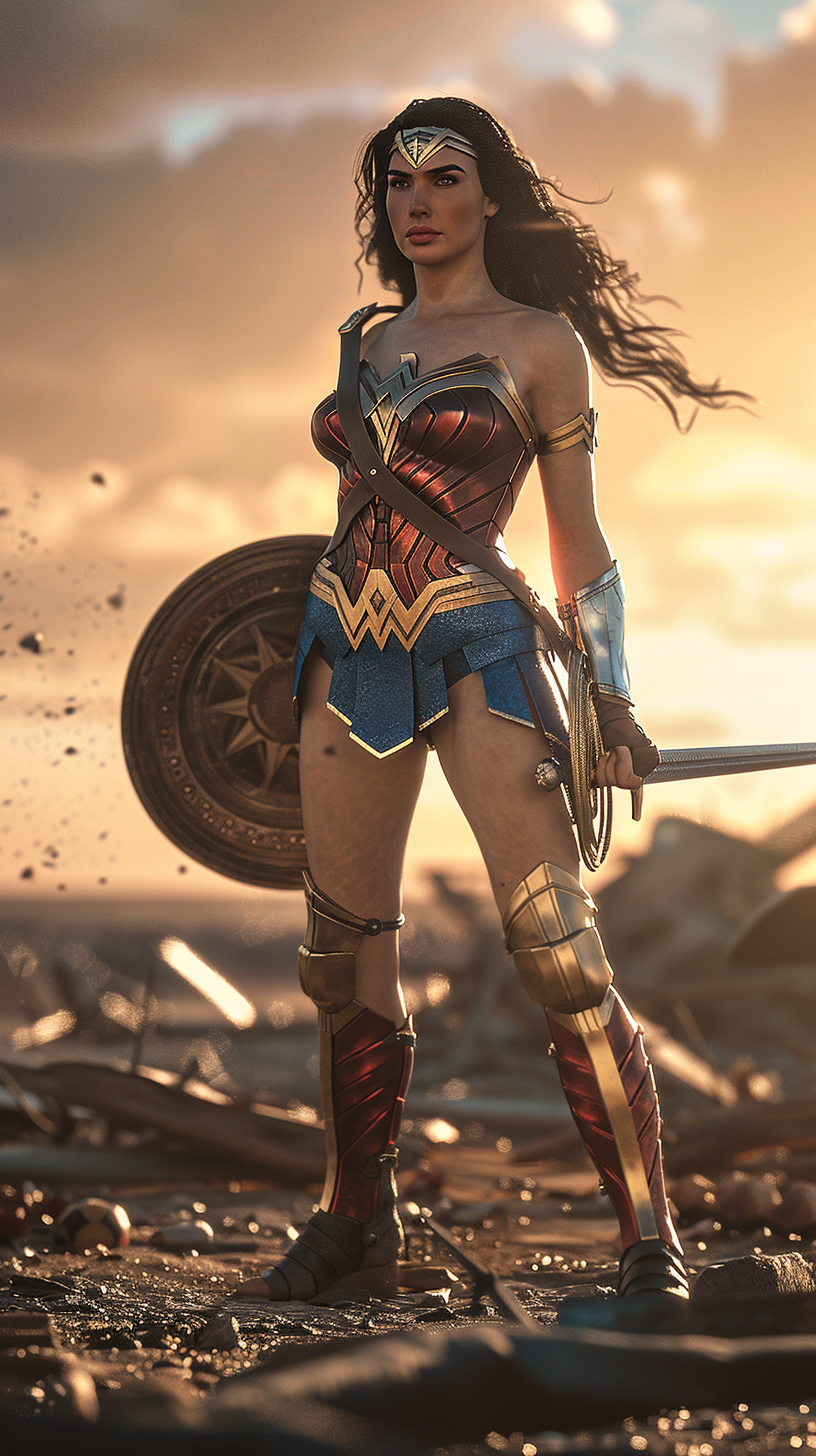 Wonder Woman standing on battlefield at sunrise, ready for battle