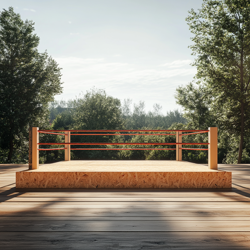 Wooden Boxing Ring on Sports Field, Bright Setting 