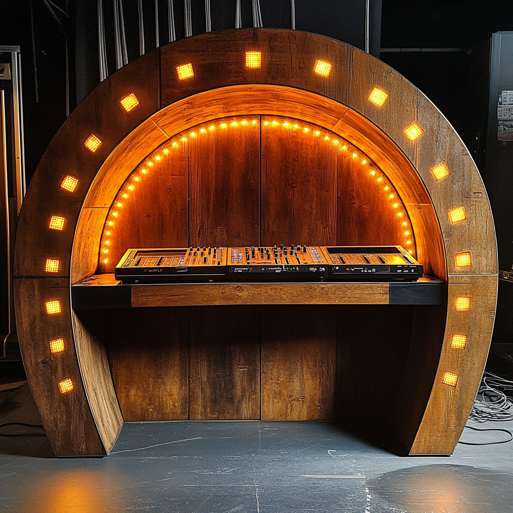 Wooden DJ booth with vintage lights on music stage.