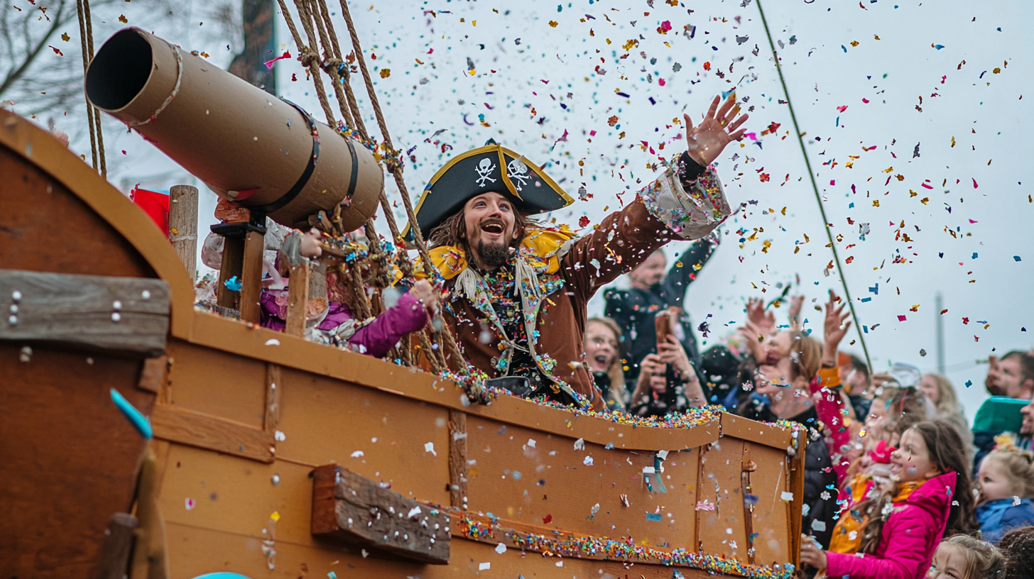 Wooden Pirate Ship at Carnival Shooting Confetti