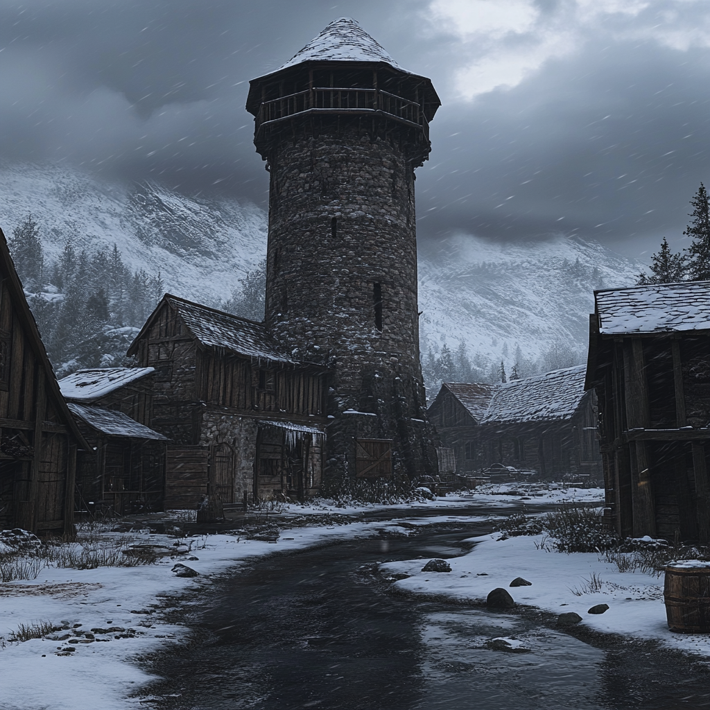 Wooden Tavern Around Old Stone Tower on Snowy Day