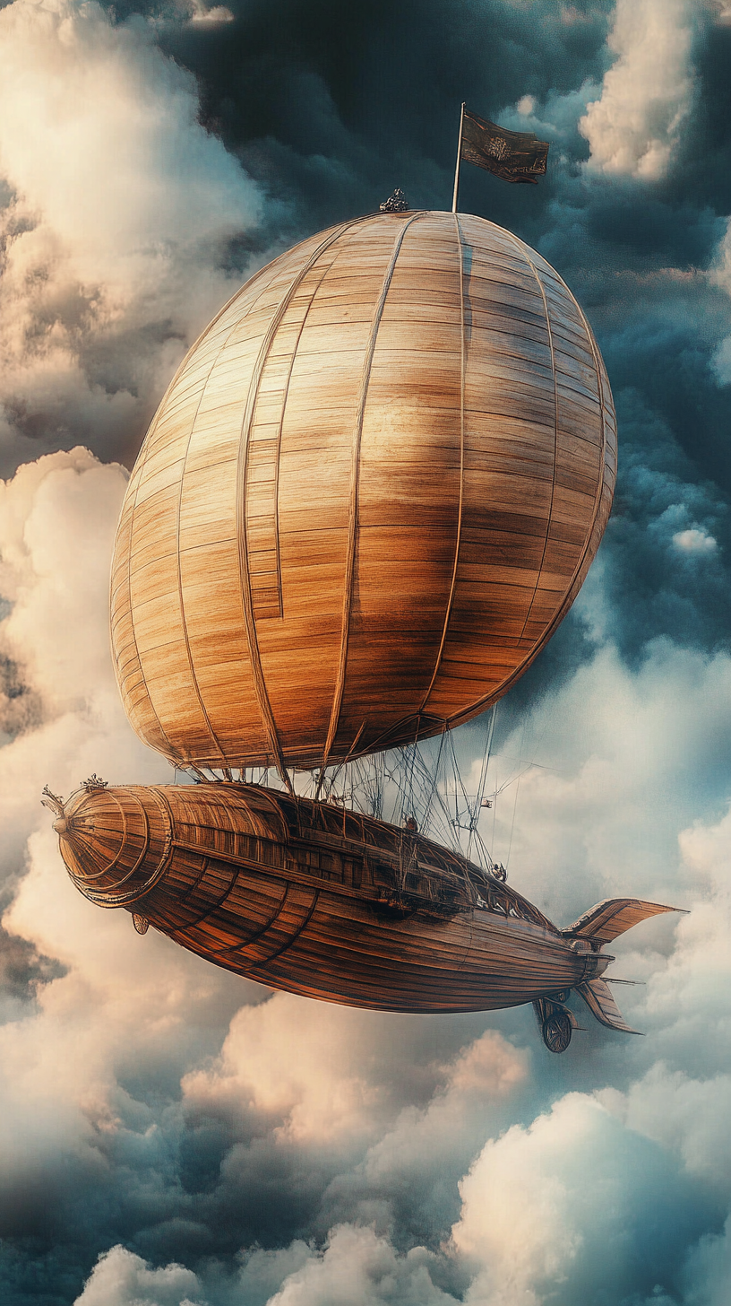 Wooden airship flying through misty clouds in fantasy art.