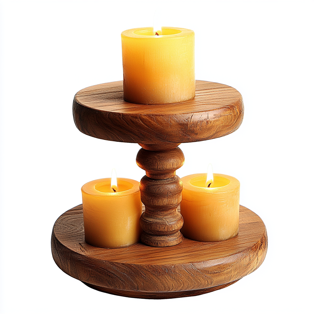 Wooden board with raised tiers for displaying candles.