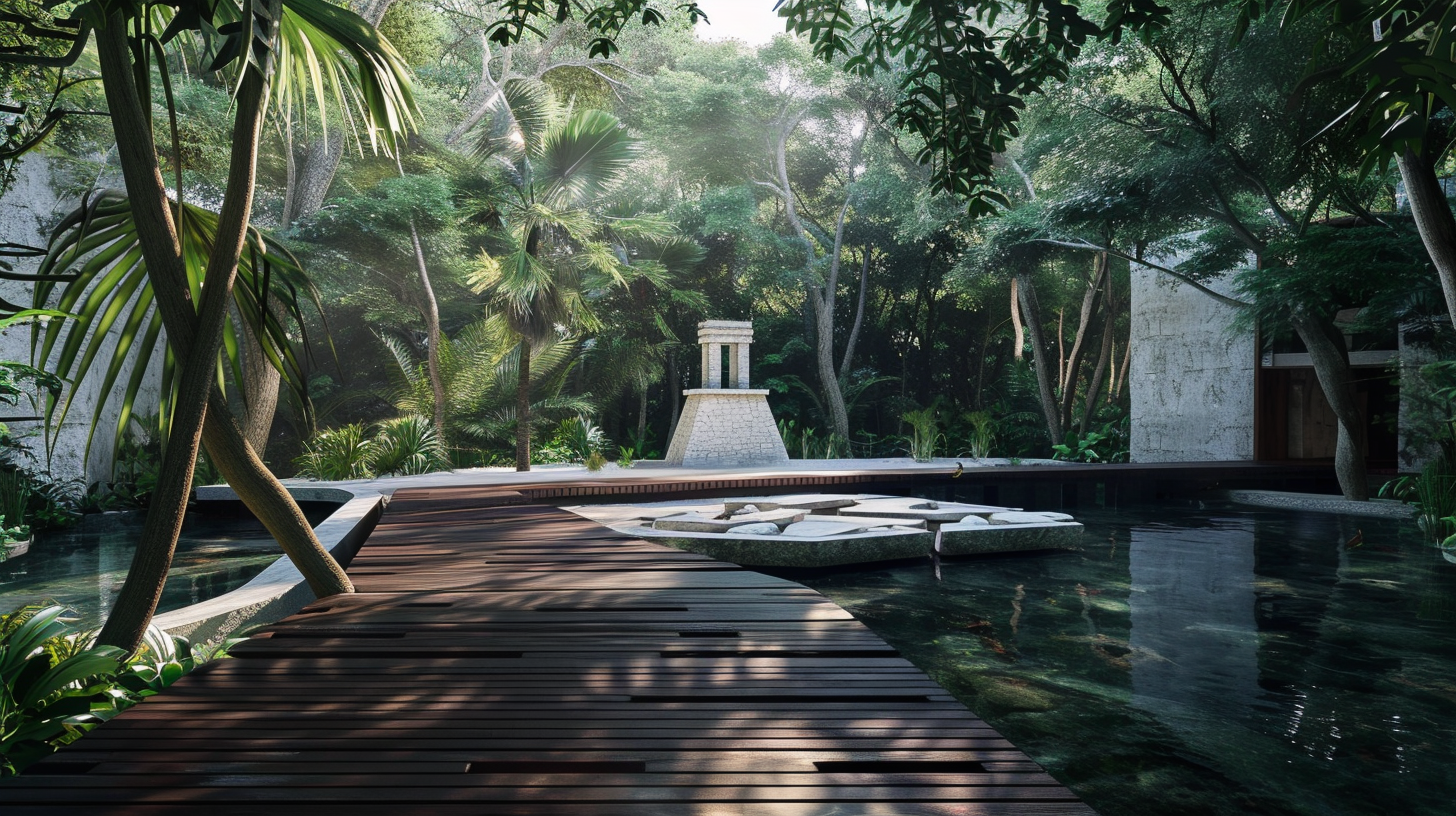 Wooden boardwalk crossing flooded white stone plaza in jungle.