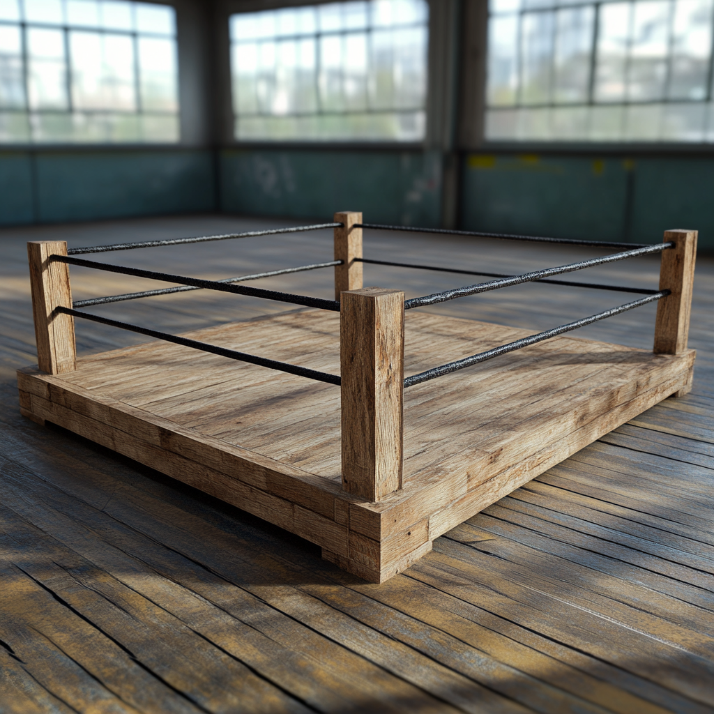 Wooden boxing ring on bright sports field