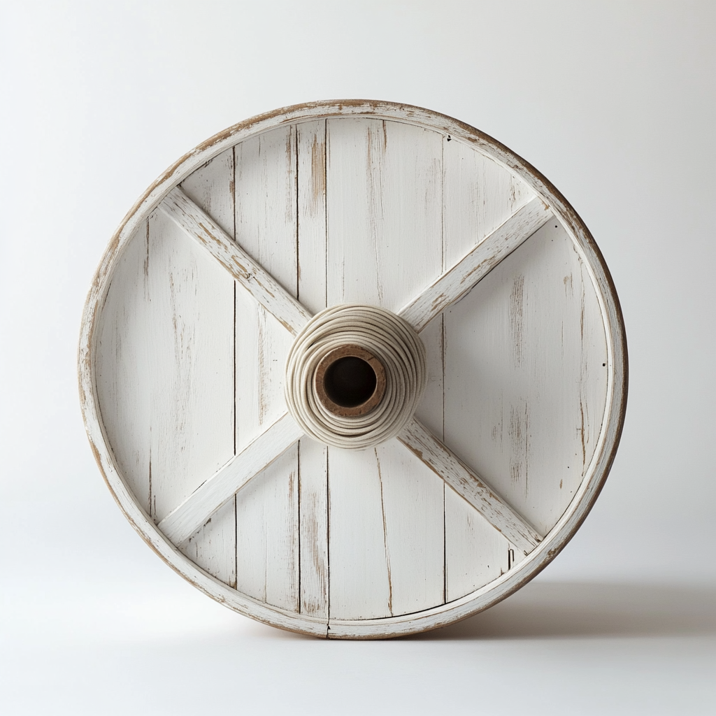 Wooden cable spool with neatly coiled cables, rustic texture.