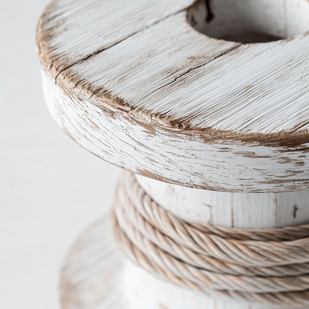 Wooden cable spool wrapped in white cables, rustic texture.