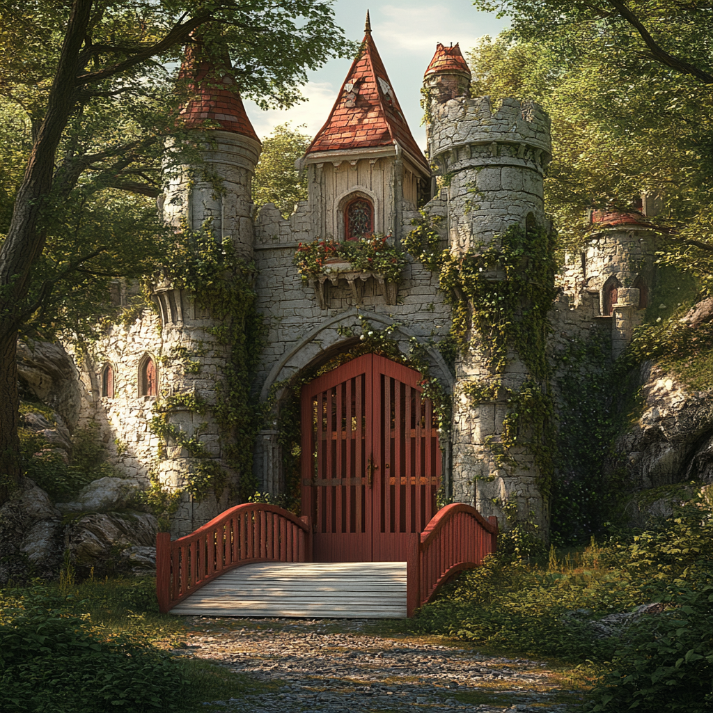 Wooden castle with red gate in forest.