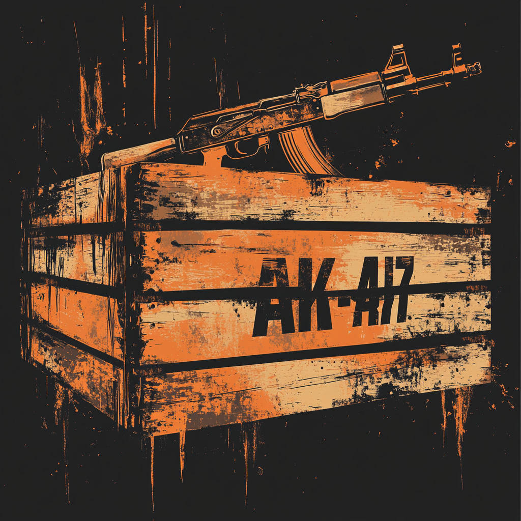 Wooden crate design with 'AK-47' text, refined textures, metallic sheen.