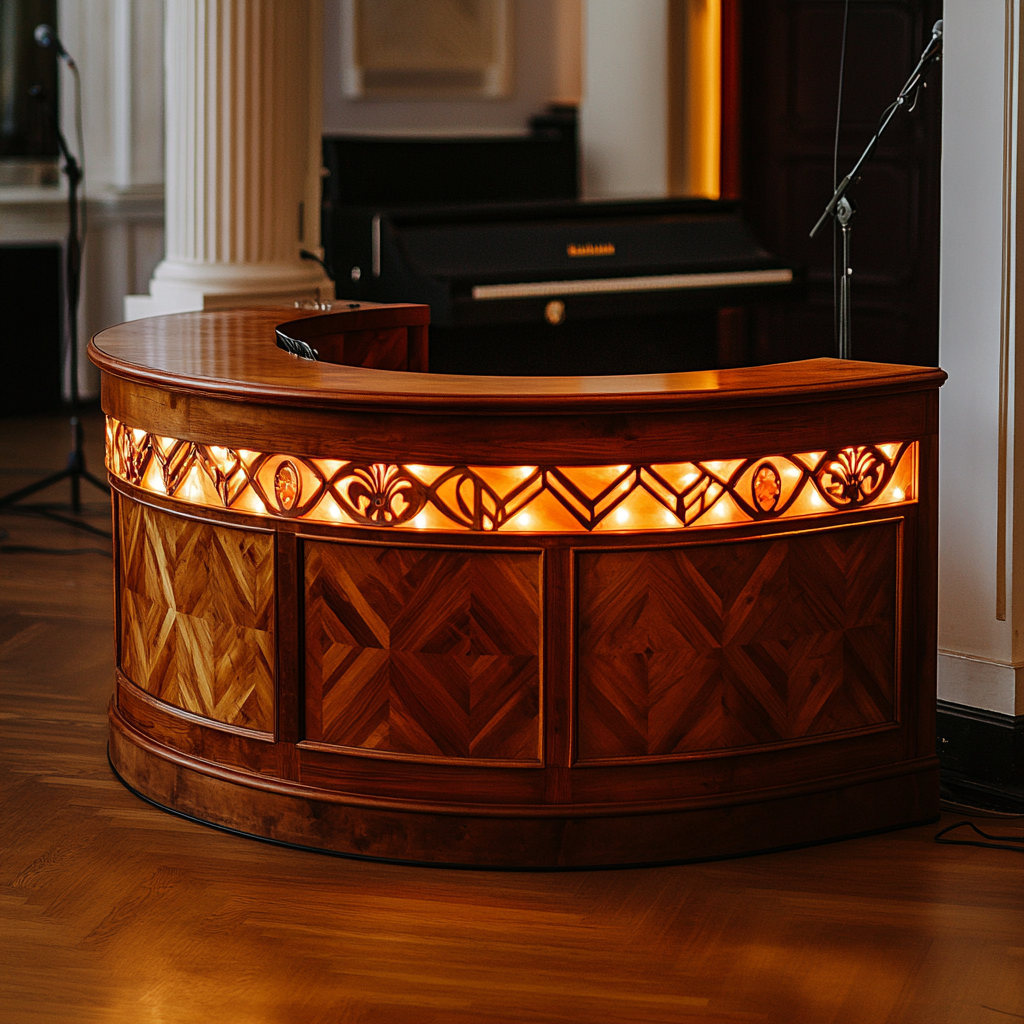 Wooden furniture with inlaid lights on music stage.