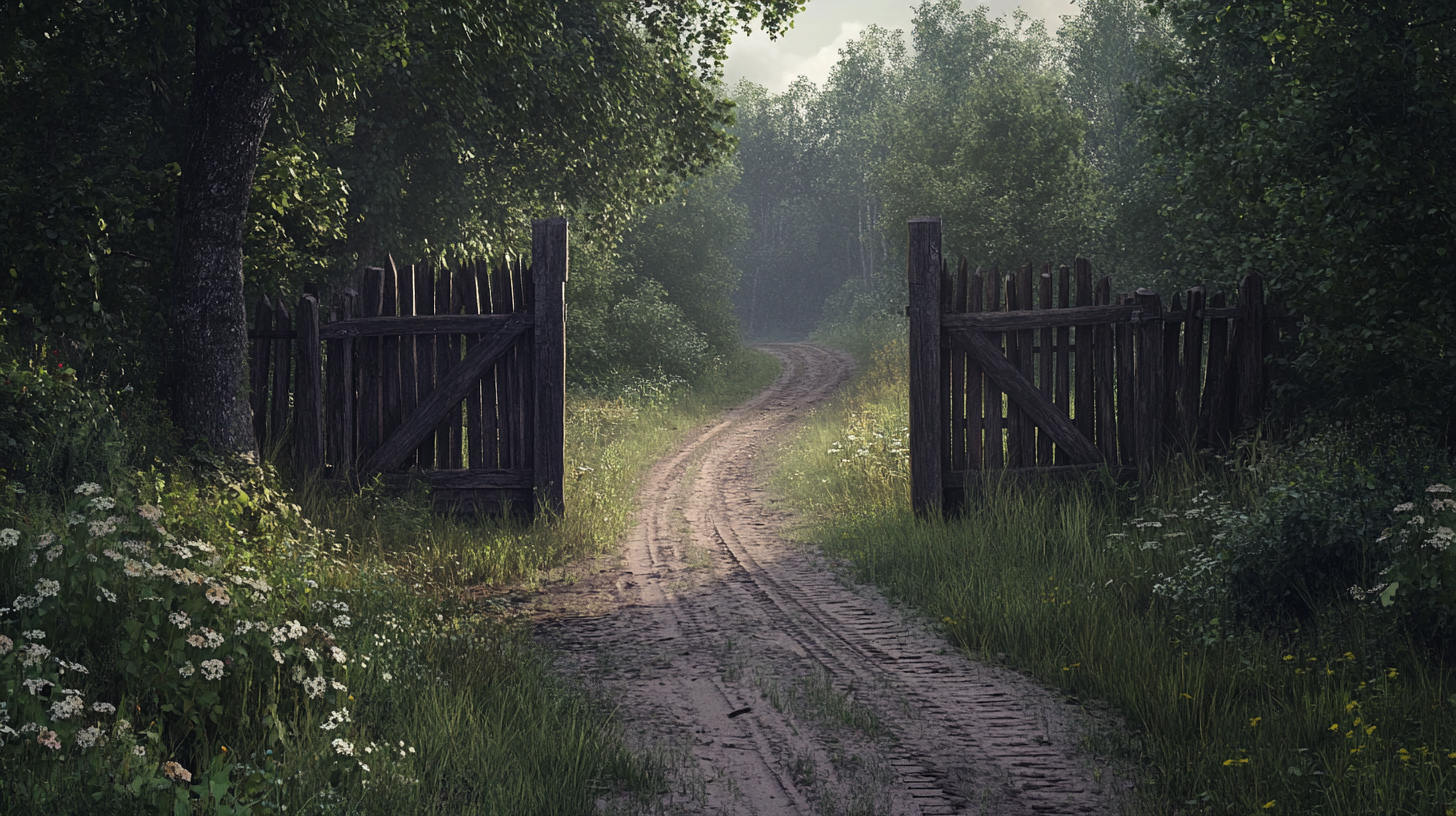 Wooden gates block dirt road through medieval village.