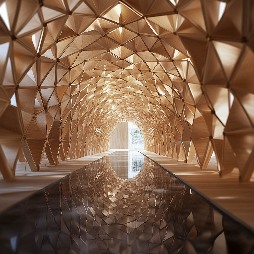 Wooden triangular pavilion with woven cords and reflective floor.