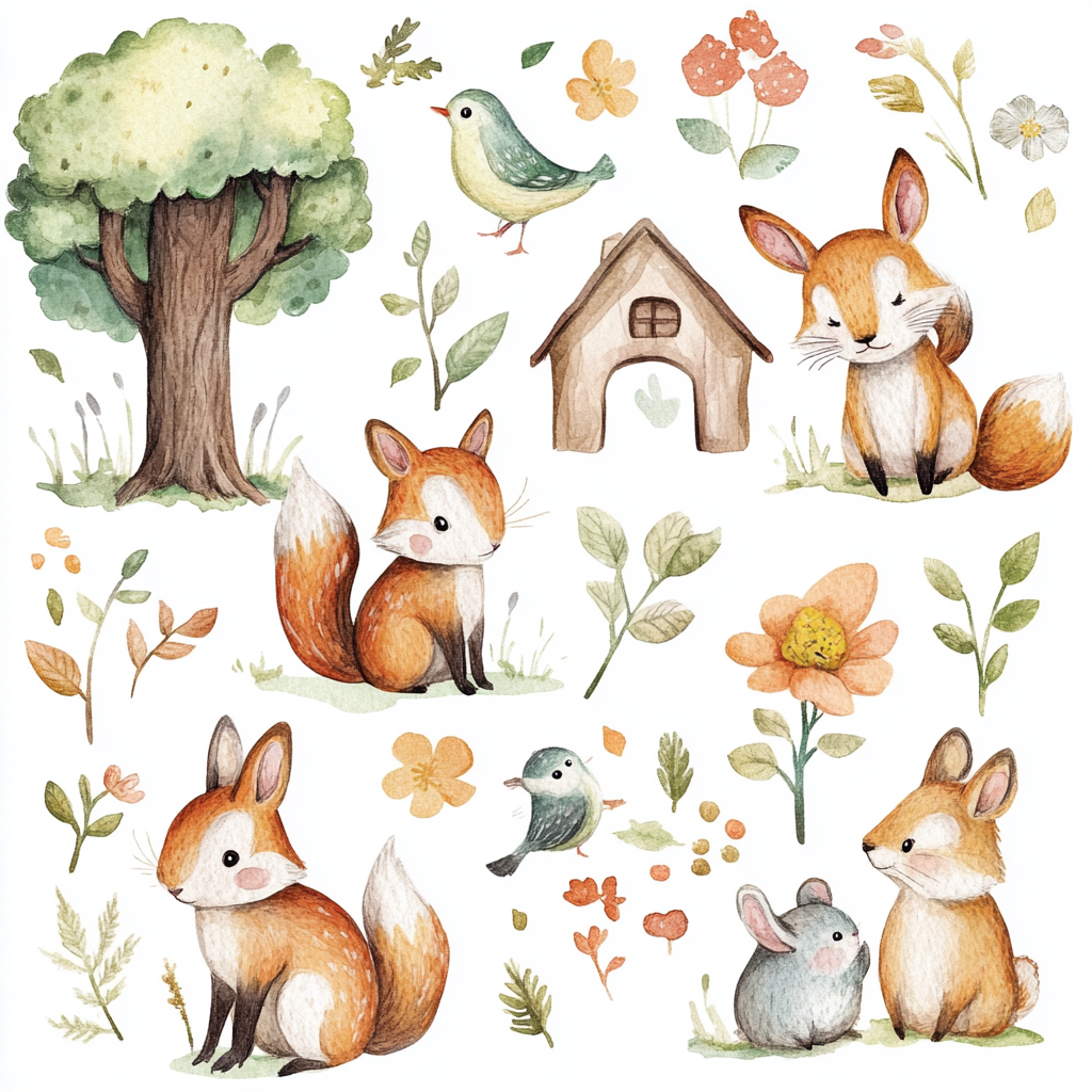 Woodland creature clipart with bunnies, foxes, deer, and more.