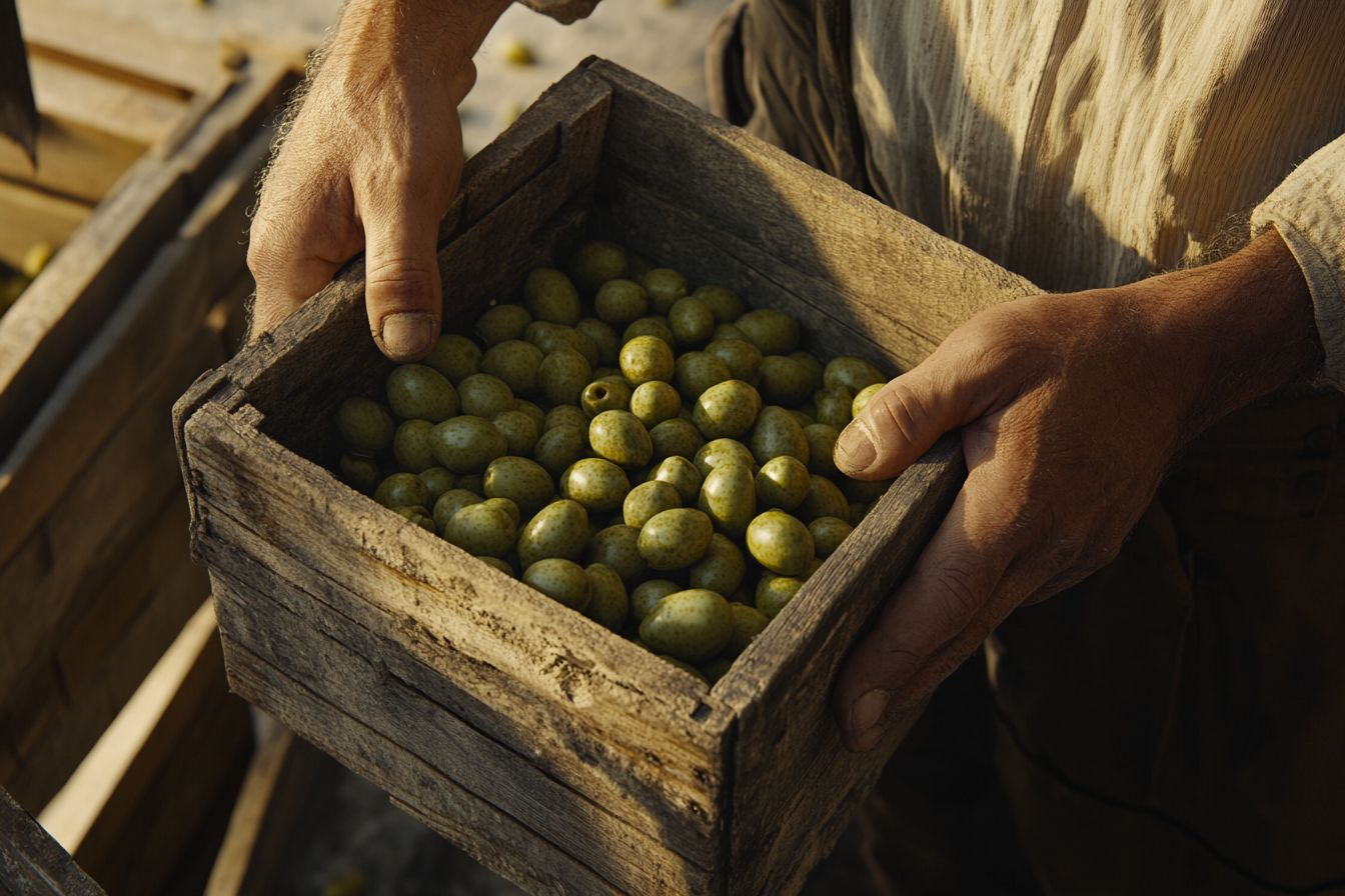 Worker's hands lifting small wooden crate of olives