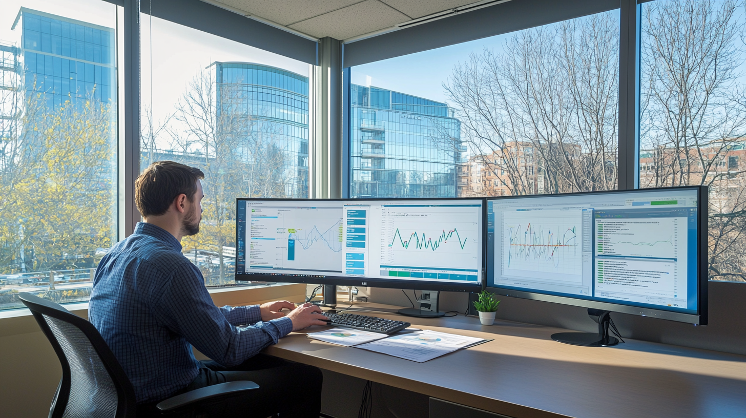 Worker analyzes data on computer screen, bright light