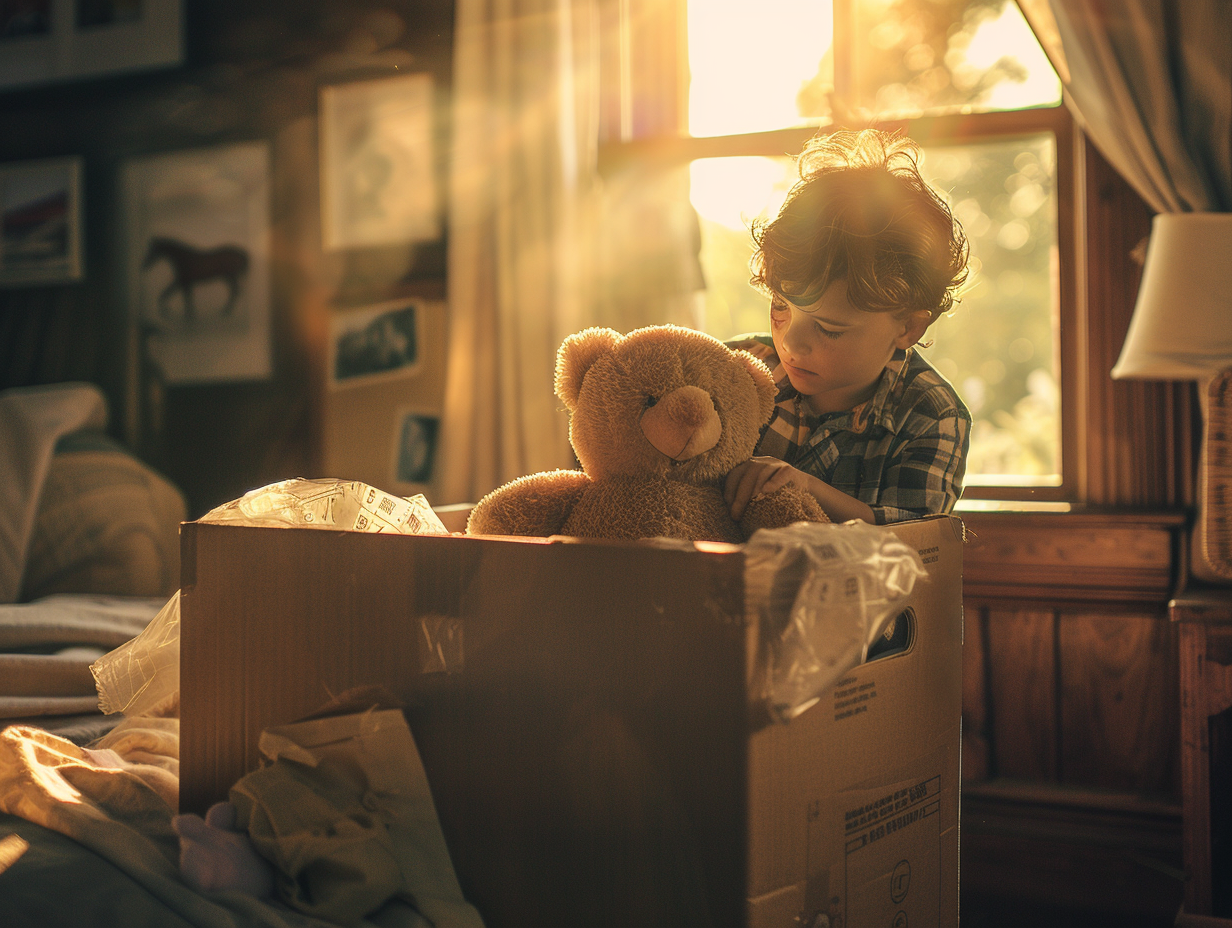 Worker carefully packs child's toy in moving box