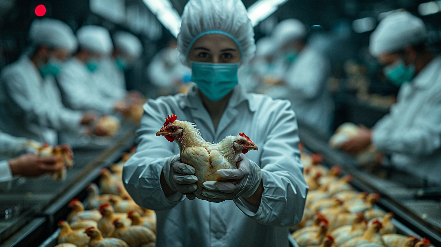 Worker in factory processing line handling chickens carefully.