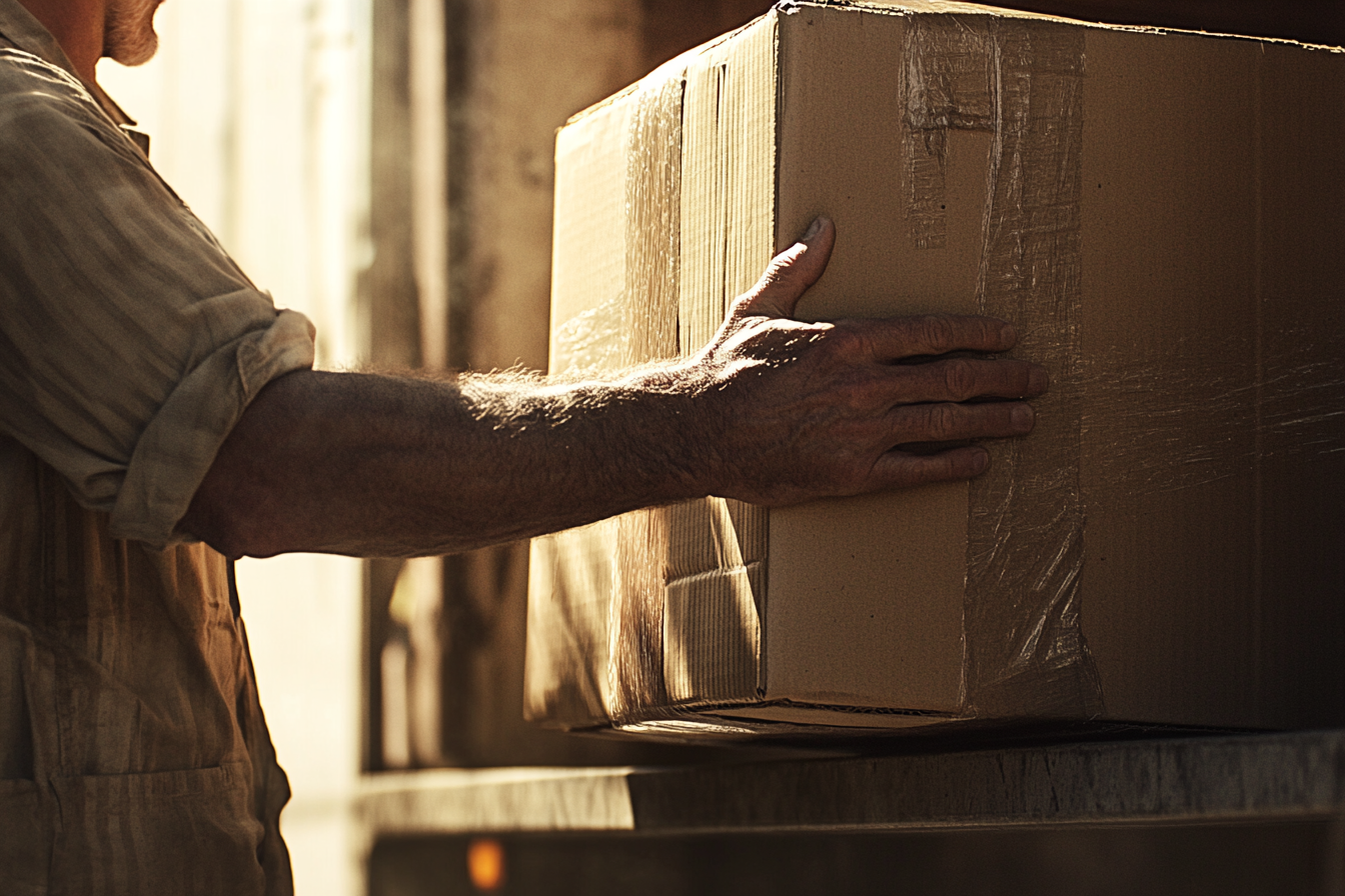 Worker lifting box into truck under warm sunlight.