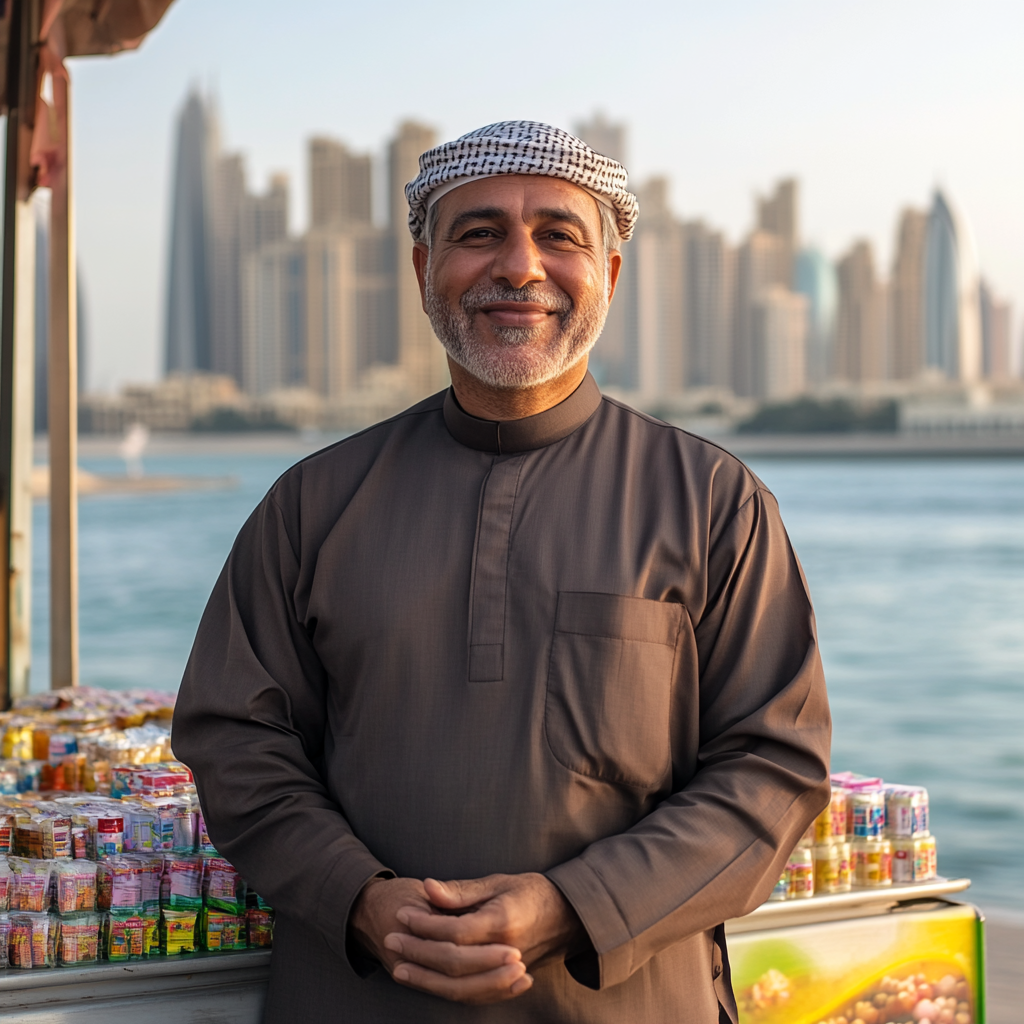 Worker stands near Dubai's Marine Drive - Serene Smile