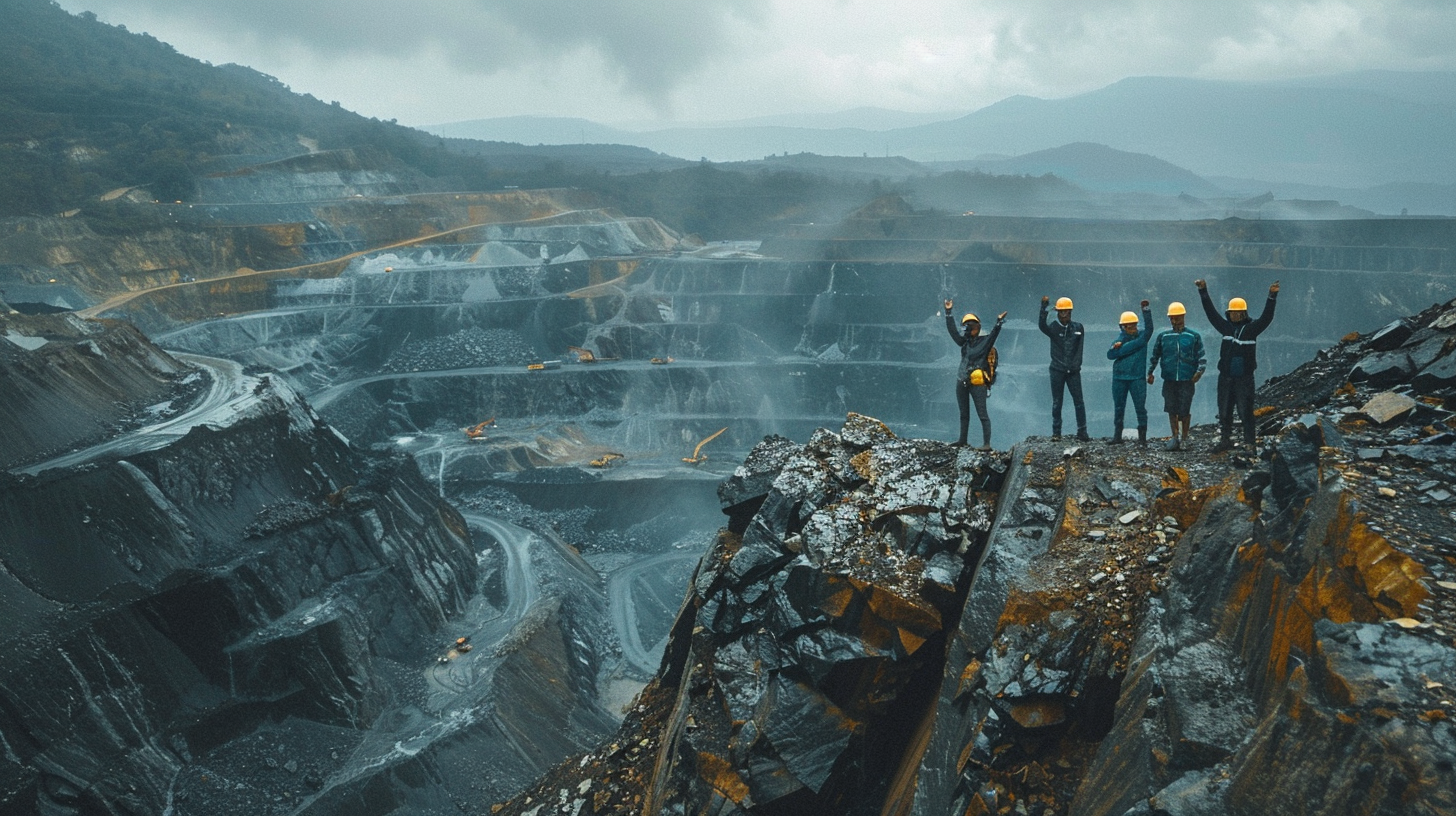 Workers and Belaz on hilltop in quarry.