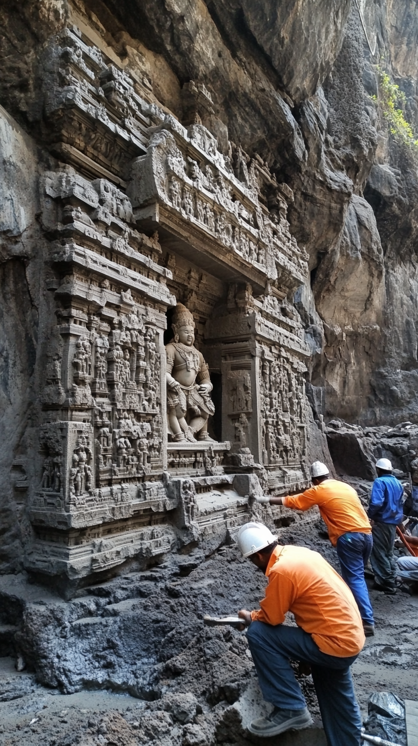 Workers carving a mountain rock to make a temple.