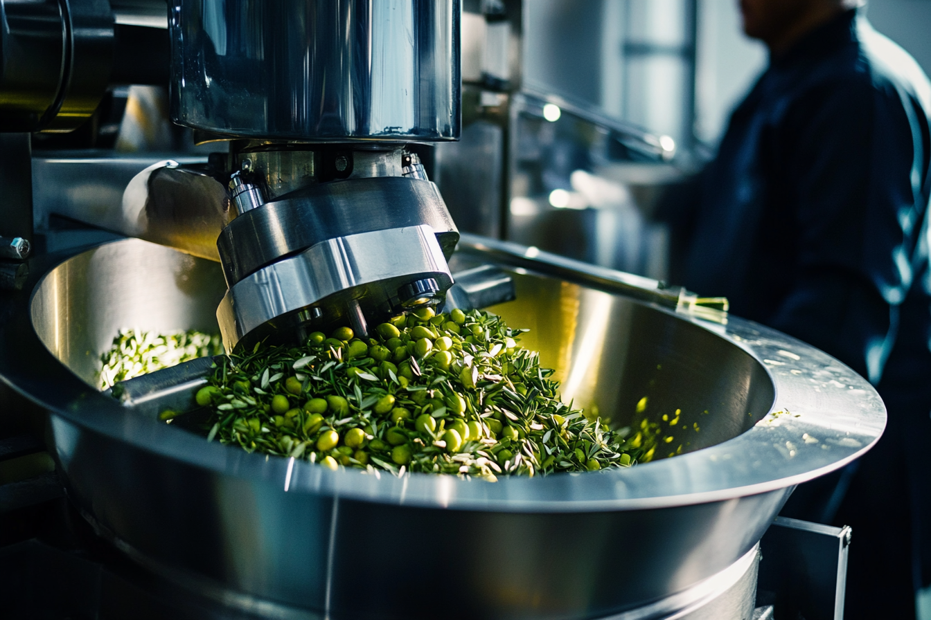 Workers feed olives in a shiny crusher.