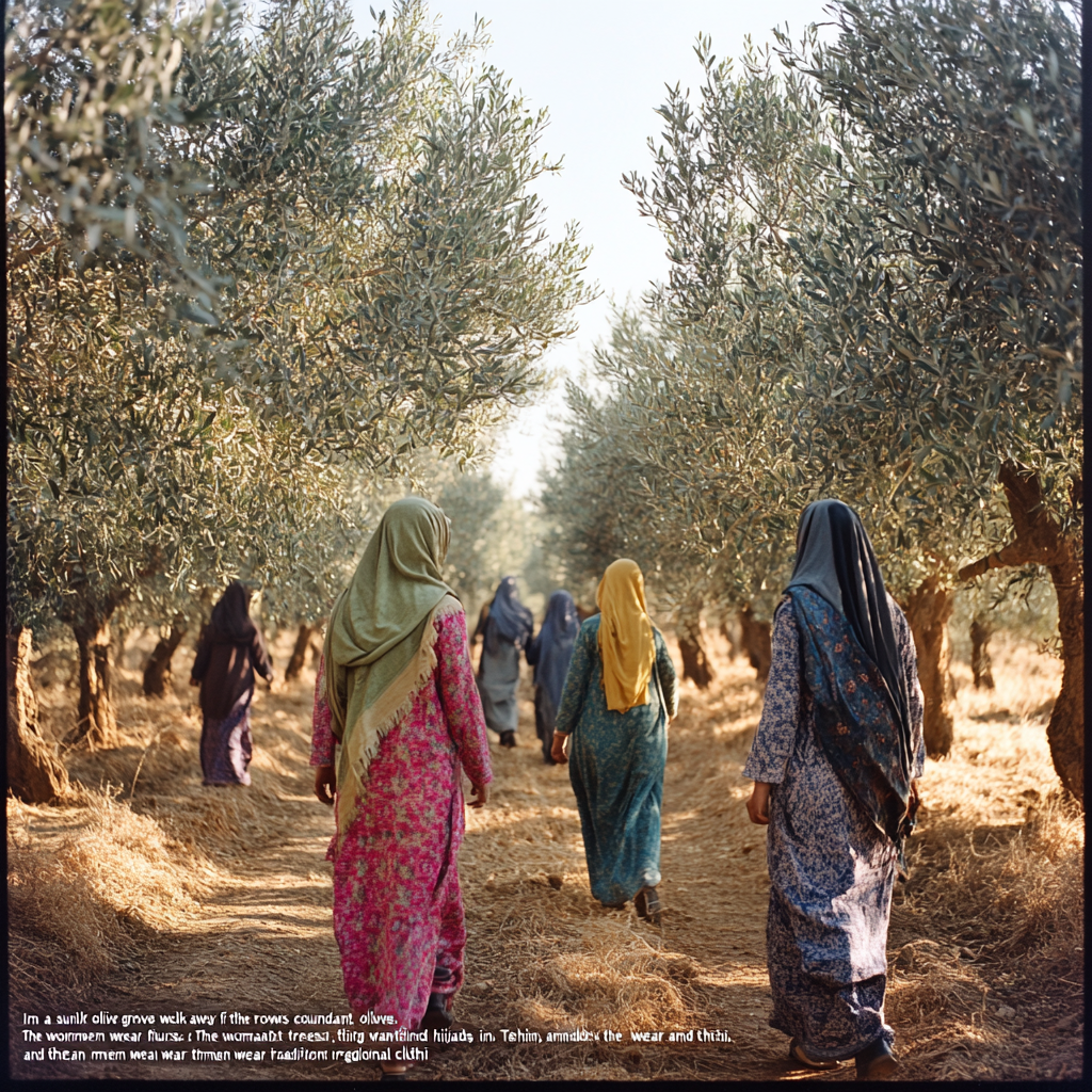 Workers in Iranian olive grove, traditional clothing, unity