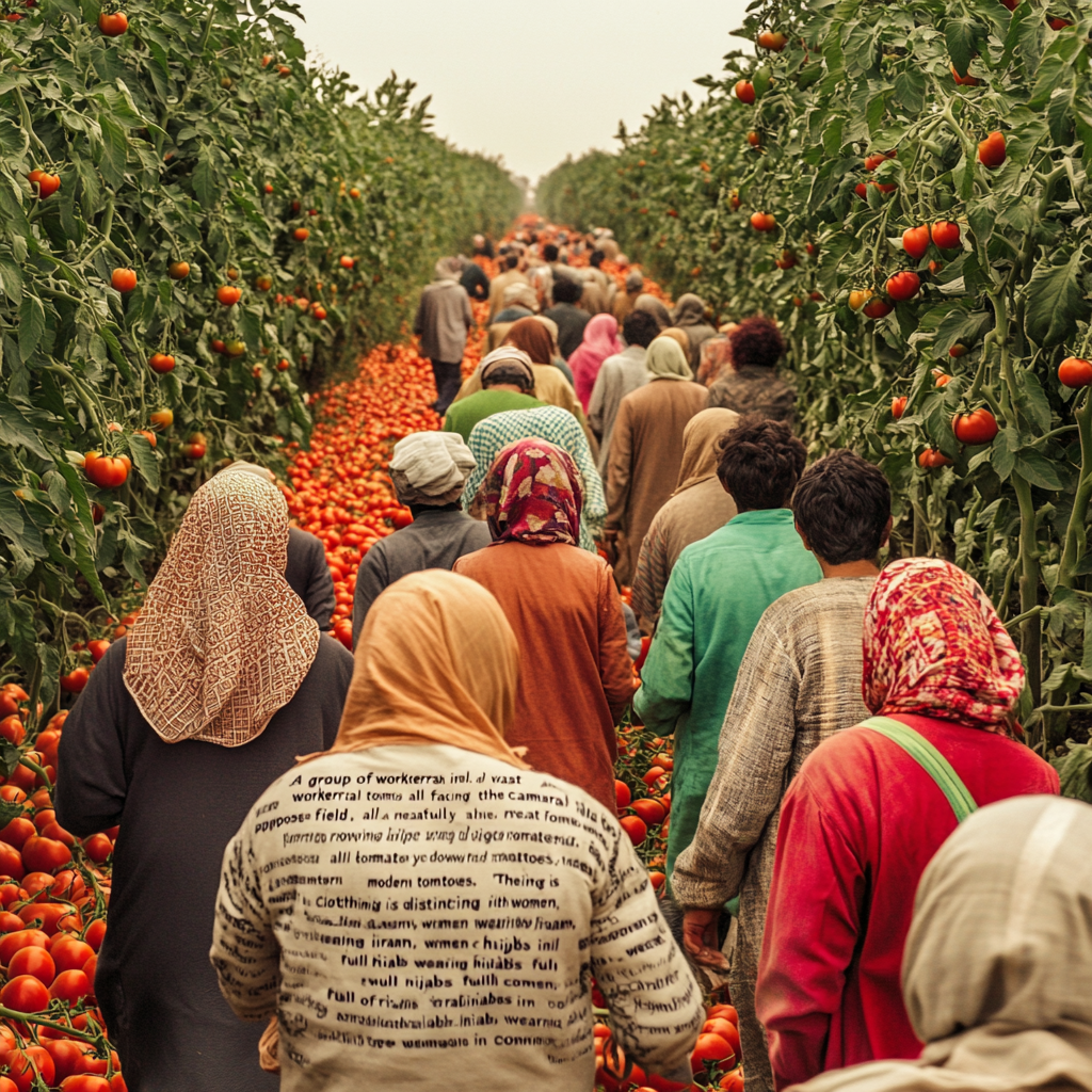 Workers in Iranian tomato field, moving down rows