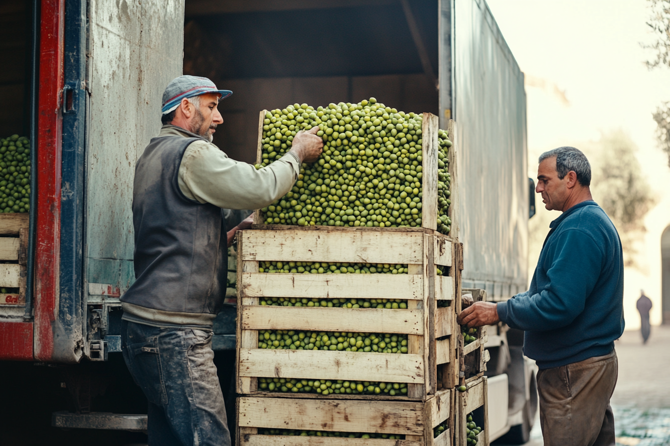 Workers load olives onto truck on sunny day.