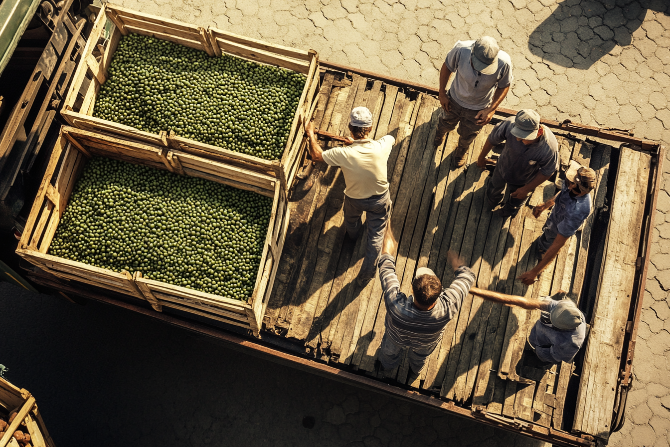 Workers loading fresh olives into truck: teamwork in action.