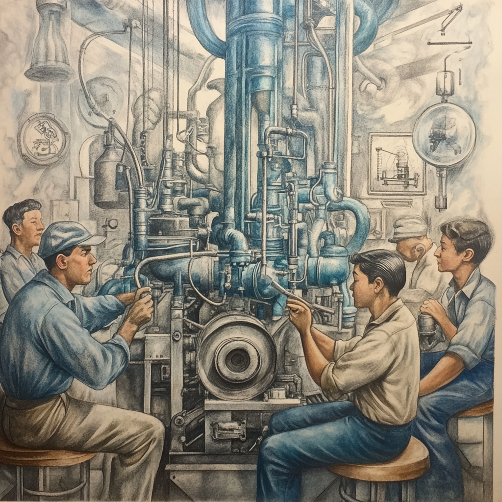 Workers watching engineer build engine with science symbols.