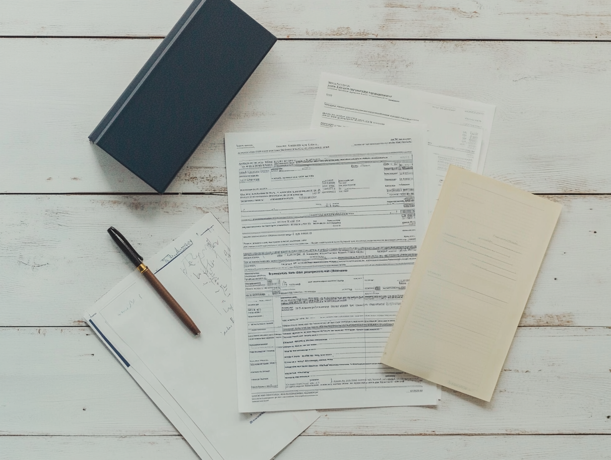 Workspace with paperwork, notebook, pen, and check on table.