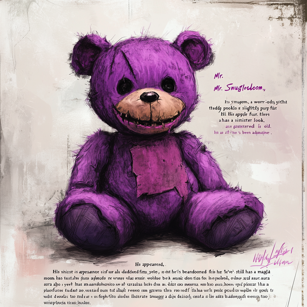 Worn-out purple teddy bear with sinister grin.