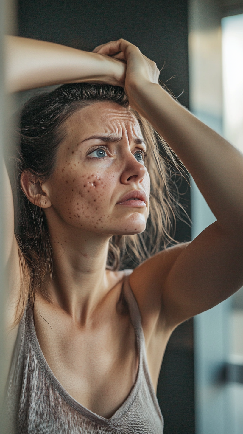 Worried woman examining spots on arm in the mirror.