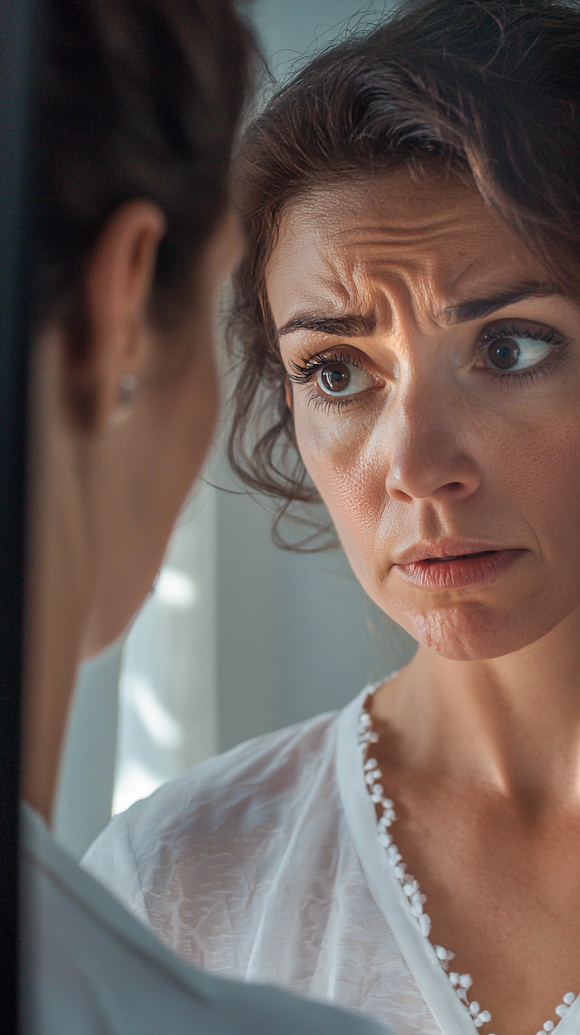 Worried woman inspecting psoriasis in high-definition mirror.