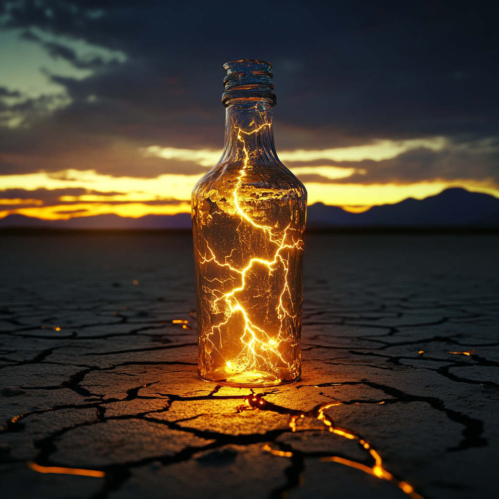 Worrisome lightning trapped in a bottle on dry land.