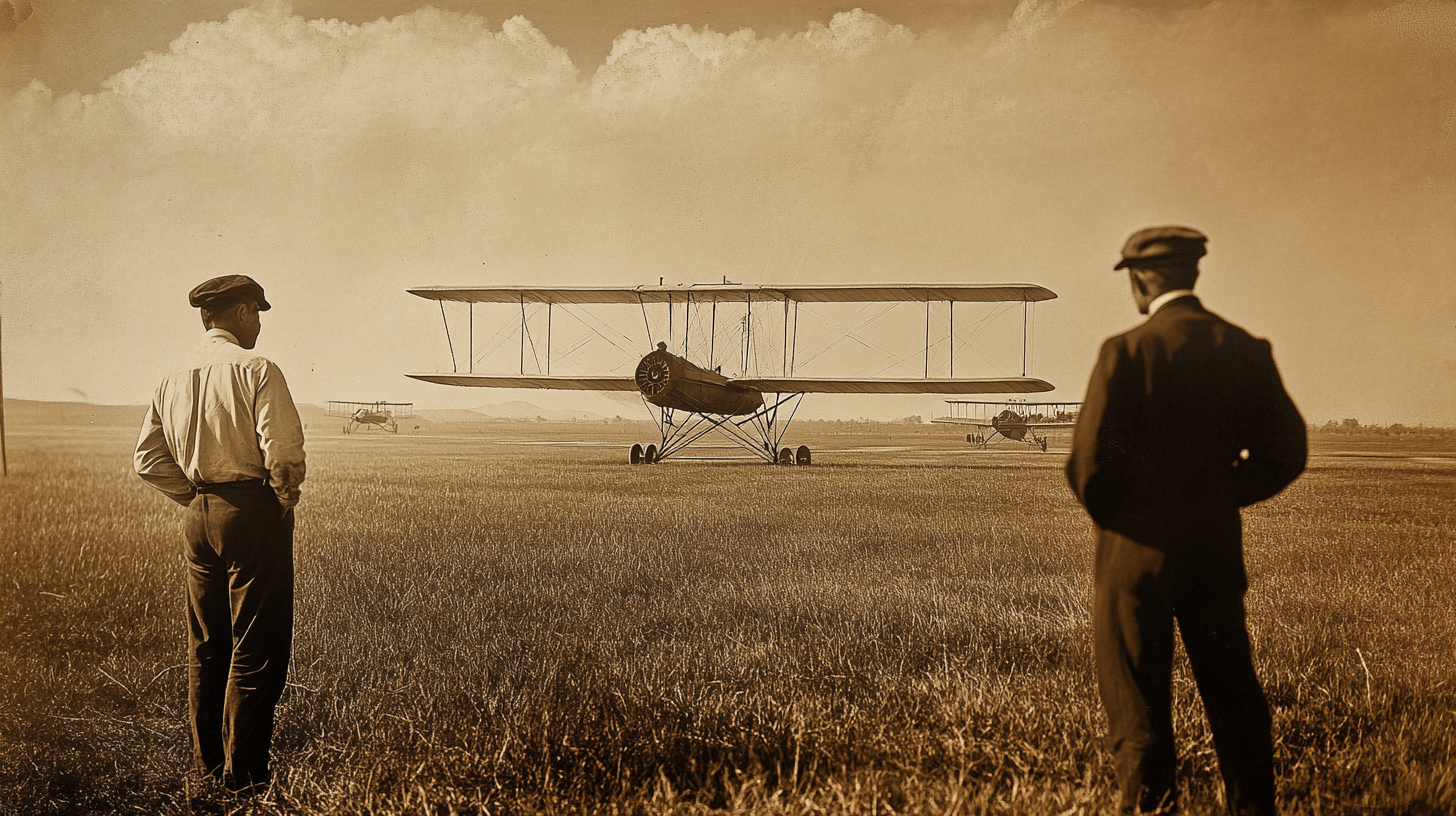 Wright Brothers discussing flight plans with team, historical photo