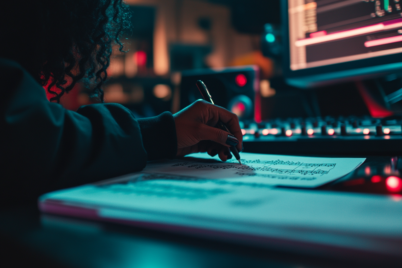 Writing sheet music at desk with neon lights.