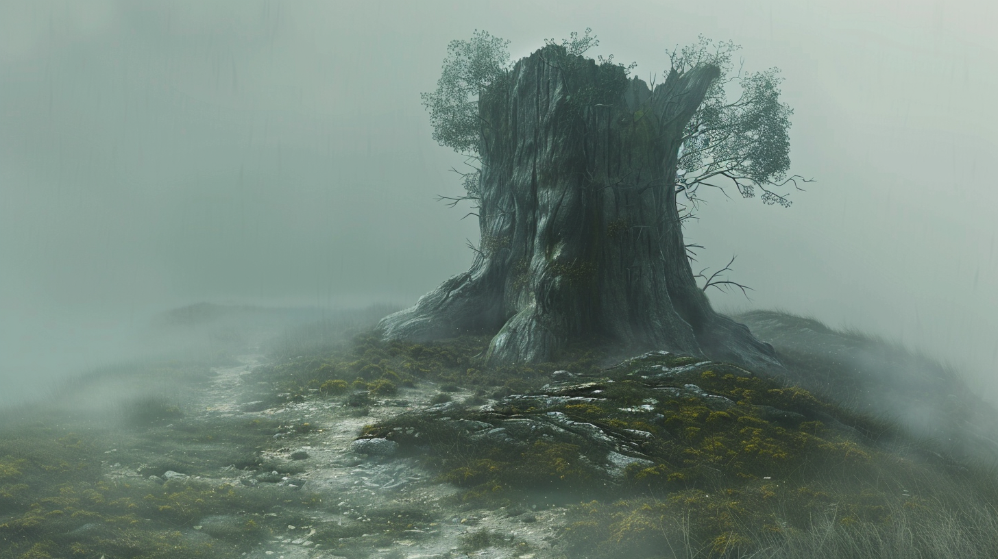 Wych elm tree stump in foggy crossroads, fantasy art.