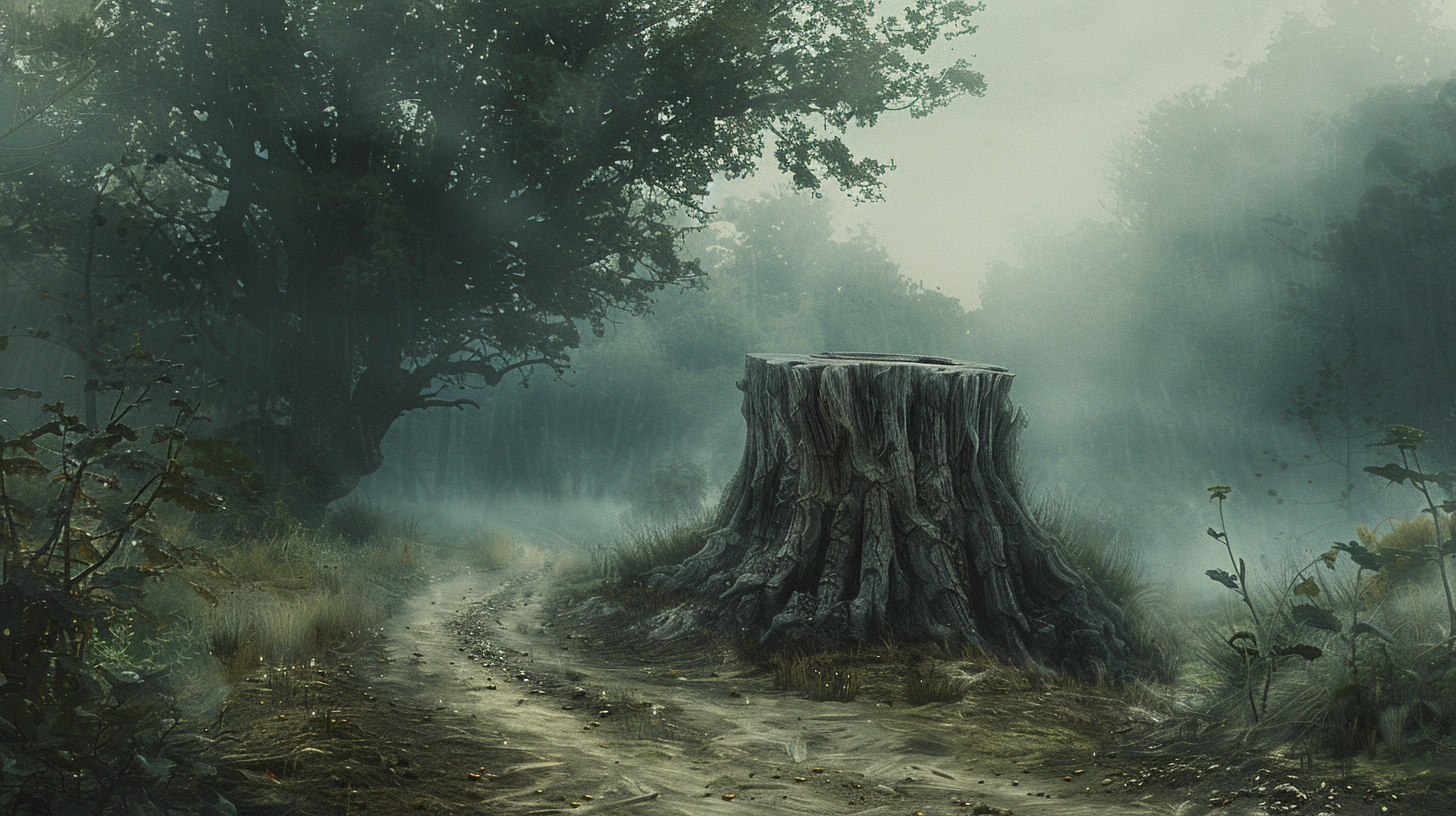 Wych elm tree stump in foggy forest crossing.