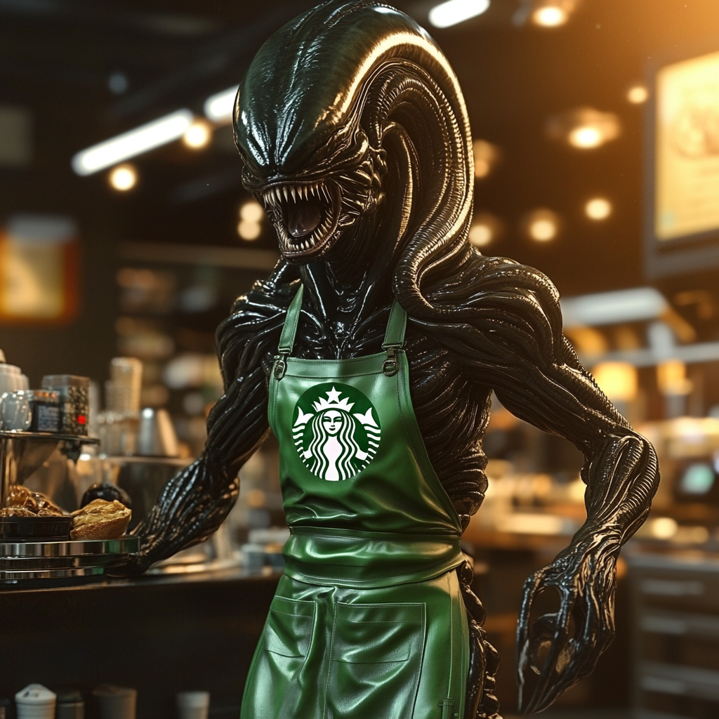 Xenomorph barista serving coffee to corporate office workers.