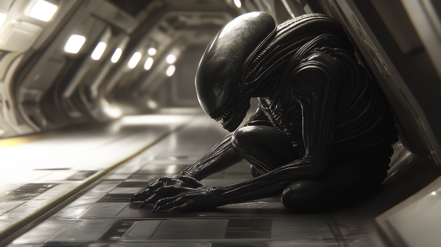 Xenomorph crouching in spaceship corridor, resembling first movie.