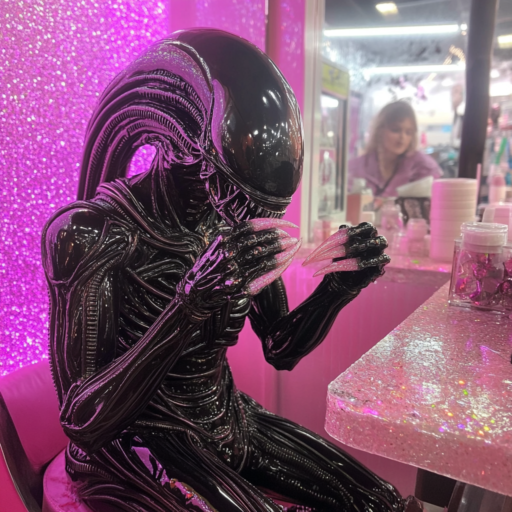 Xenomorph getting nails done with diamonds in pink salon.