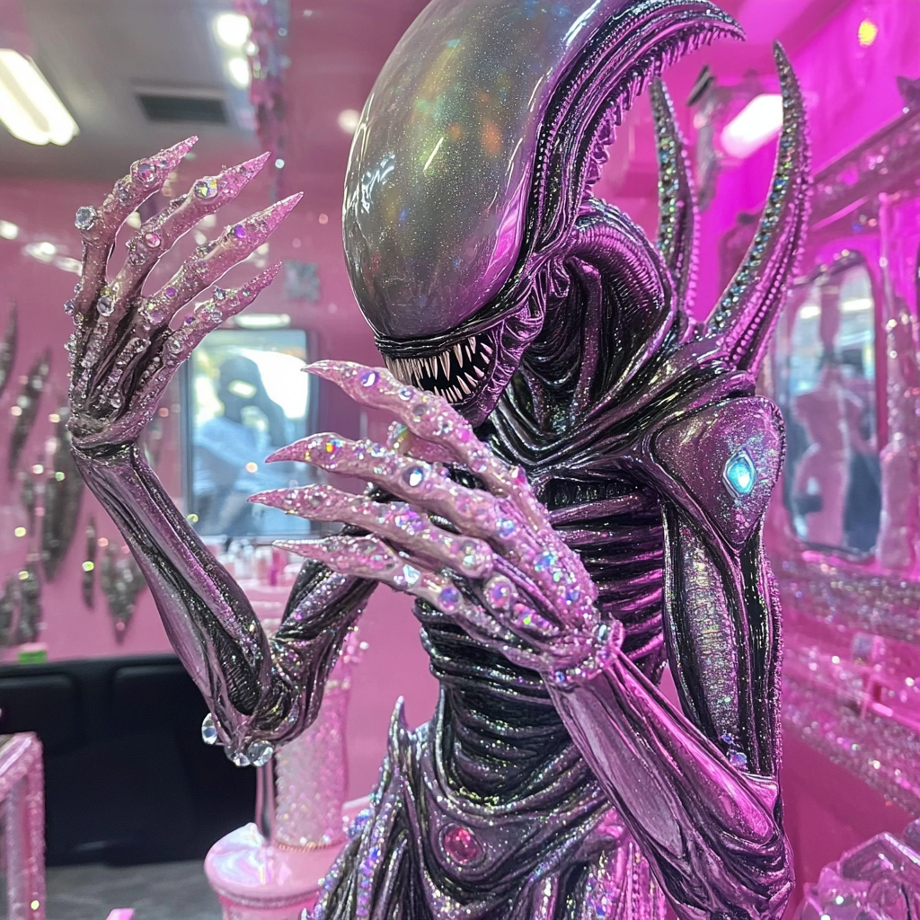 Xenomorph getting pink nails in sparkly pink salon.