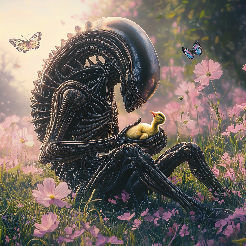 Xenomorph holding baby duck in flowery meadow, sunny day.