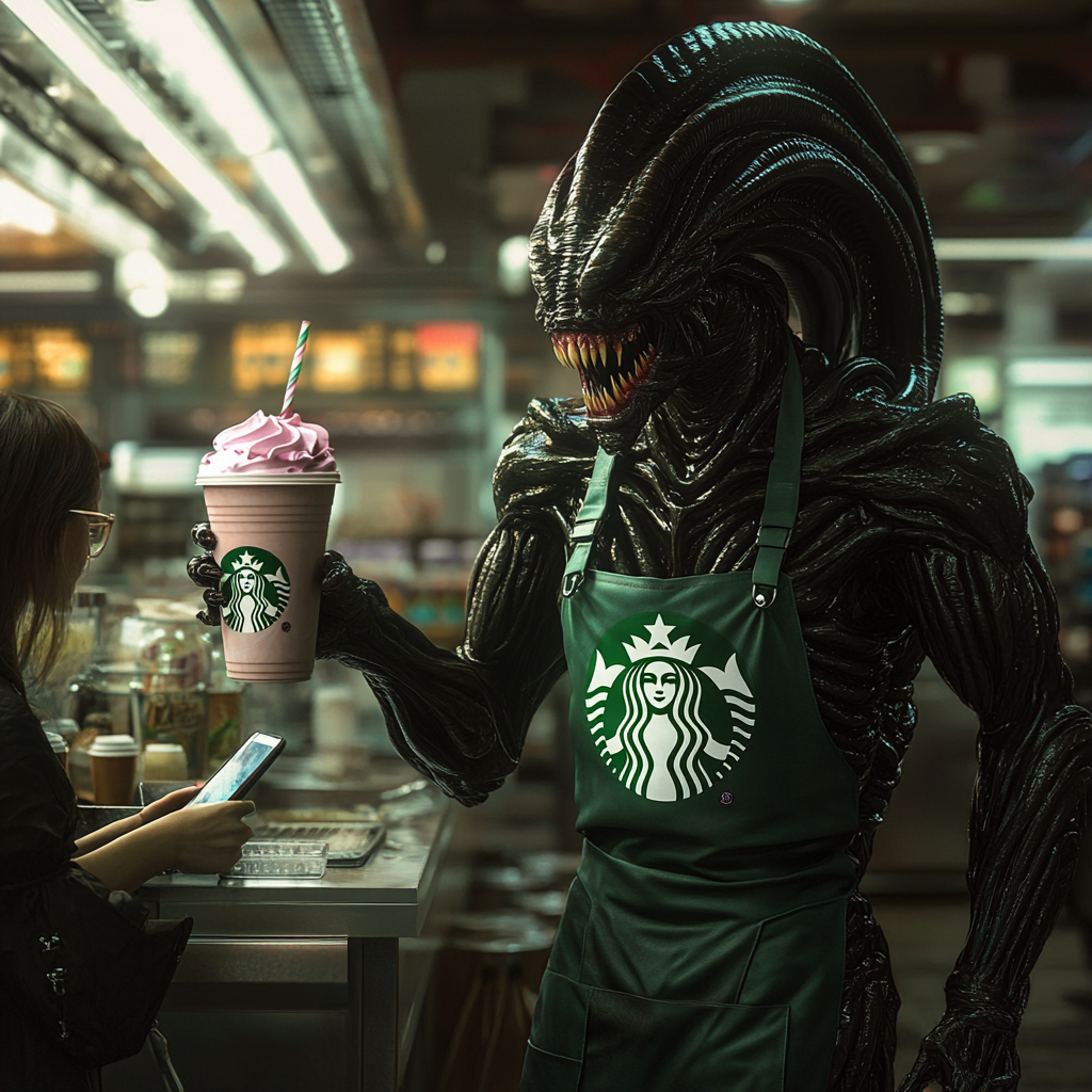 Xenomorph in Starbucks uniform serving unicorn frappuccino, customer distracted.