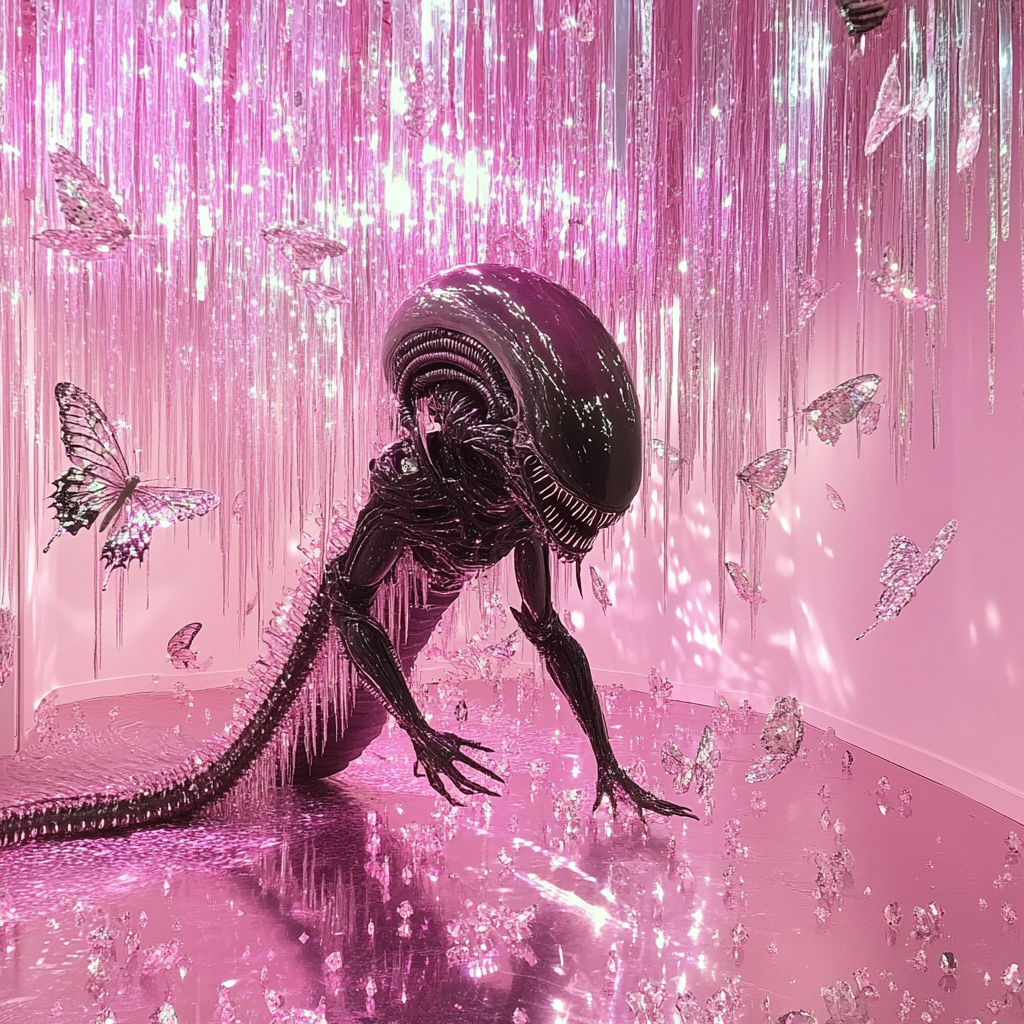 Xenomorph photoshoot in a pink sparkly room.