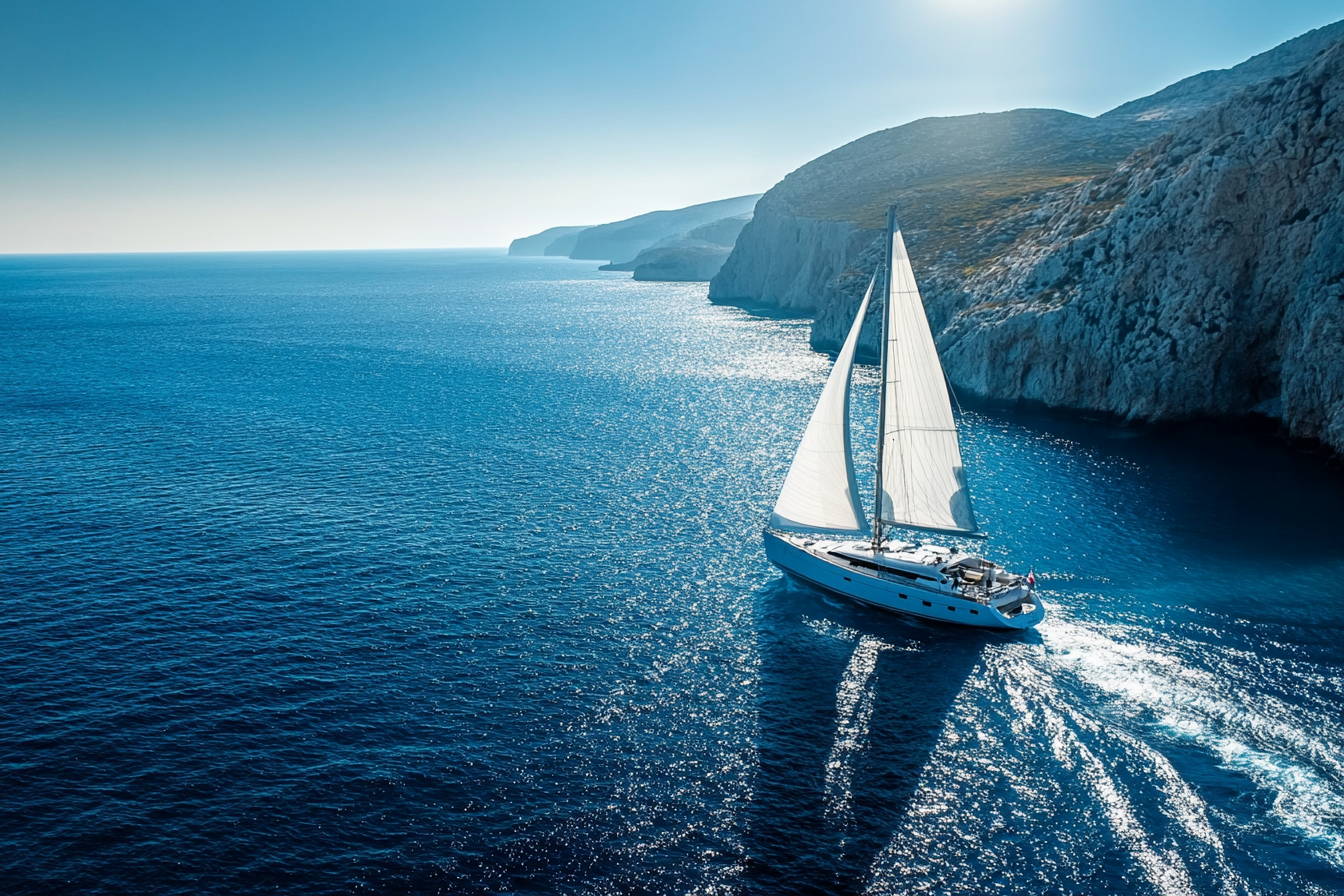 Yacht sailing in Cyclades with glistening sea.