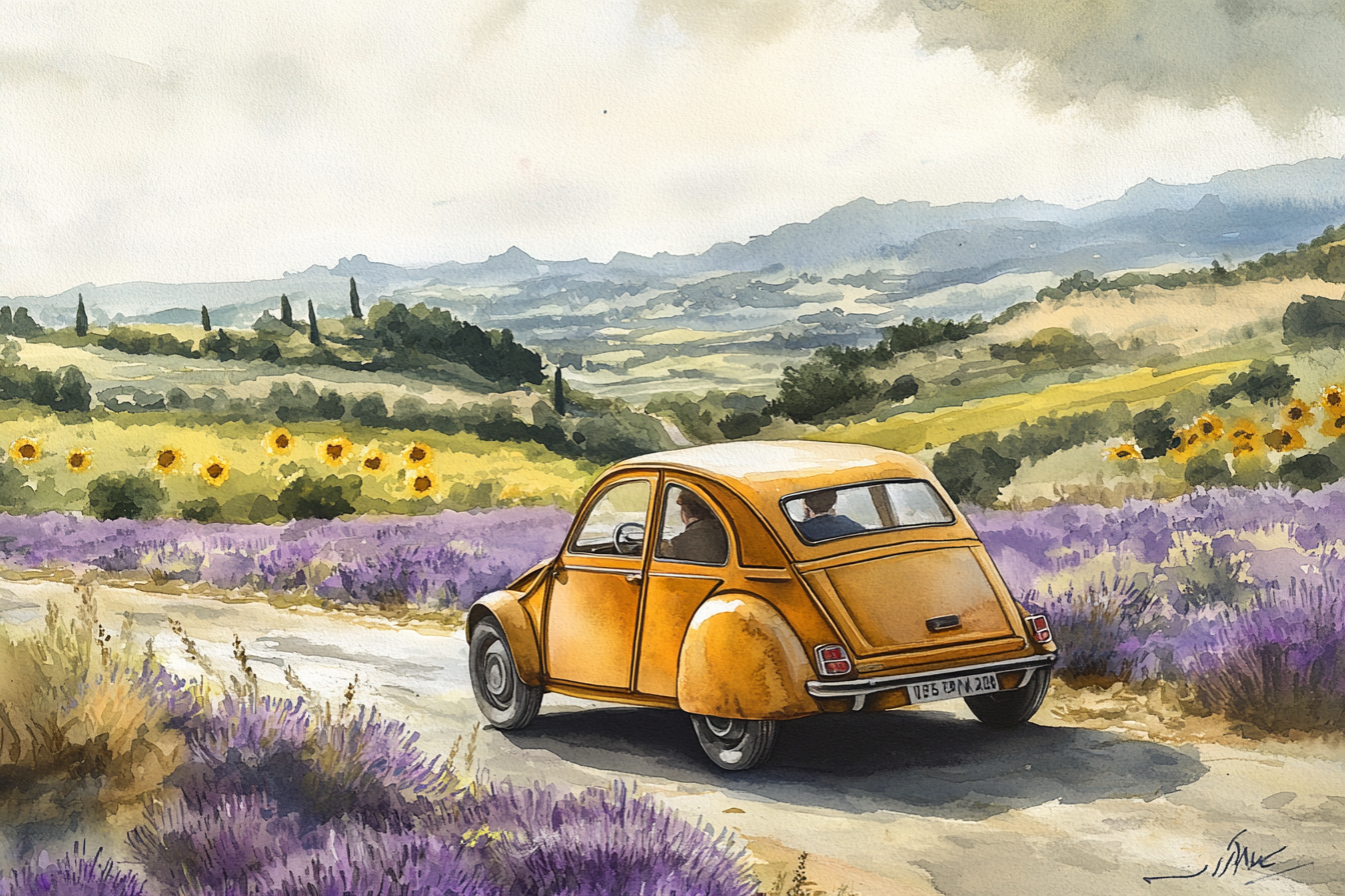 Yellow Citroen 2CV drives in Provence, France, sunflowers.