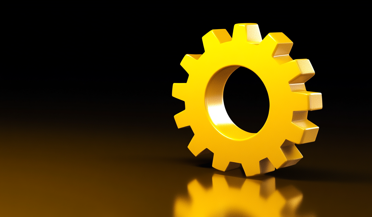 Yellow Gear Icon on Reflective Surface with Digital Theme